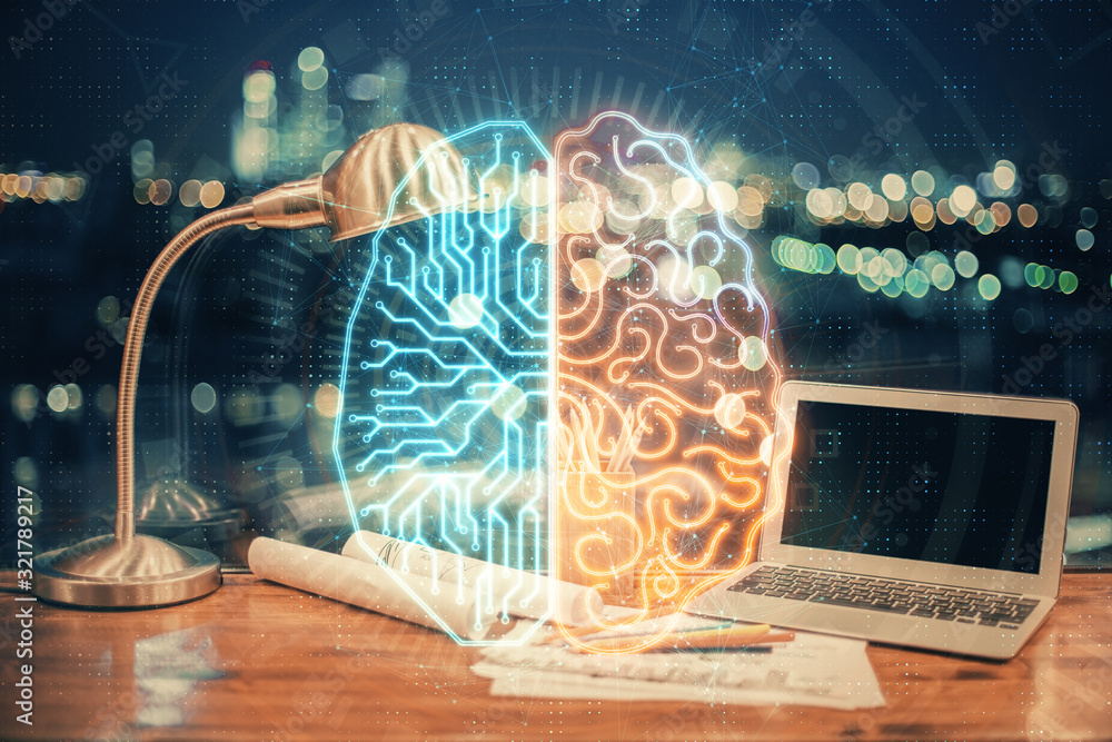 Poster multi exposure of work space with computer and human brain hologram. brainstorm concept.