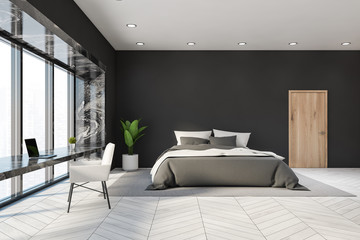 Gray master bedroom interior with home office