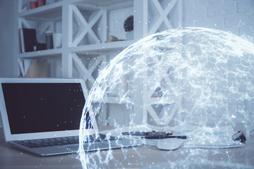 Computer on desktop with social network hologram. Multi exposure. Concept of international people...