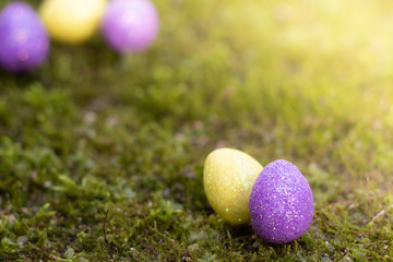 oeufs de pâques jaune et violet avec des paillettes sur un fond vert