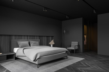 Gray master bedroom corner with closet