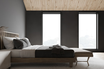 Gray attic master bedroom, side view