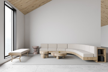 Attic white living room interior with sofa