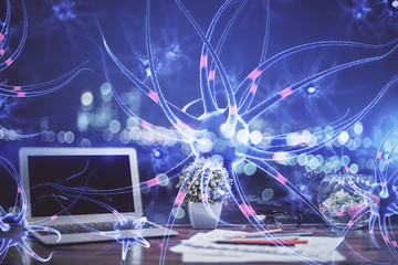Desktop computer background and neuron drawing. Double exposure. Education concept.