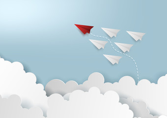 Paper art and craft of business concept with plane flying on the sky cloud.Vector illustration design.