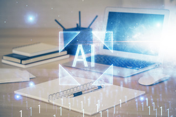 Double exposure of computer and technology theme drawing. Concept of innovation.