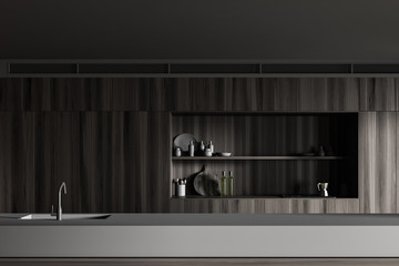 Dark wooden kitchen interior with island