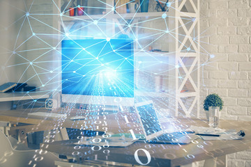 Multi exposure of computer on background and technology theme drawing. Concept of innovation.