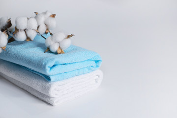 Fototapeta na wymiar blue and white cotton towel with cotton branch- spa concept on white background