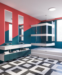 Blue and red bathroom with sink and shower