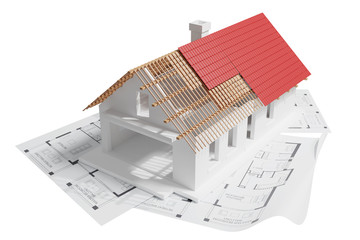 front view of 3D Render house with red roof in construction build on blueprints on isolated white background