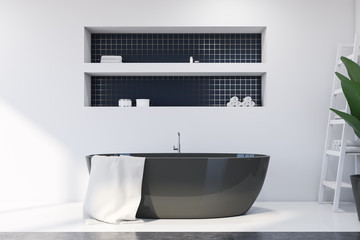 White and blue tile bathroom with tub and shelves