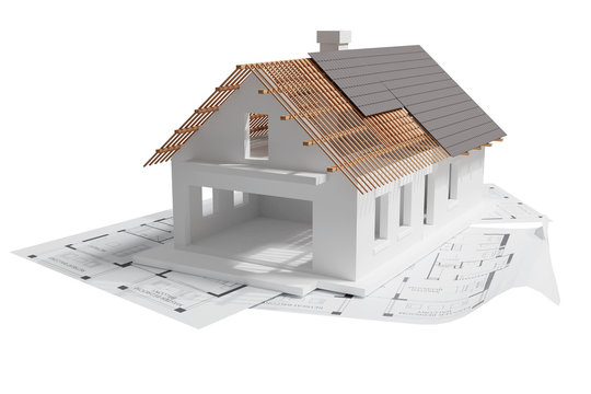 front view of 3D Render house with gray roof in construction build on blueprints on isolated white background