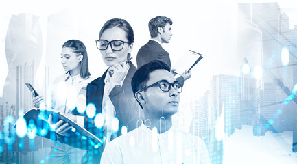 Diverse business team in city, digital graph