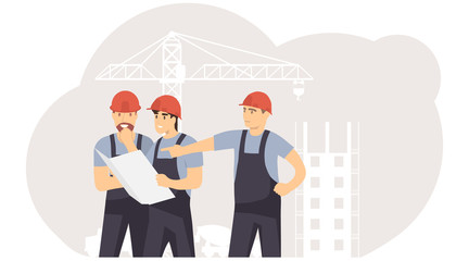 Engineers and builders are planning work on a construction site. Builders are looking at the drawing. Builders are looking at the construction plan of the building. Vector, illustration.