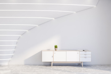 Futuristic white living room with dresser
