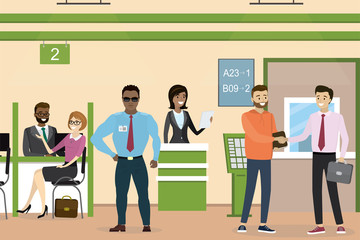 Businesspeople inside bank, office interior design. Business persons use atm and terminals. Cartoon bank manager and customers.