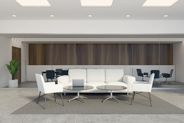 White and dark wood office lounge, white sofas