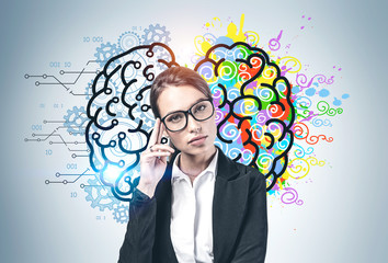 Woman in glasses, creative and analytical brain