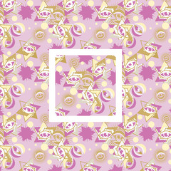 Star of David and the all-seeing eye. Seamless texture, lilac-golden color, simple geometric shapes.