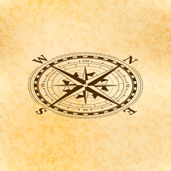 Fototapeta na wymiar Vintage wind rose symbol in isometric view, classic compass icon on ancient paper