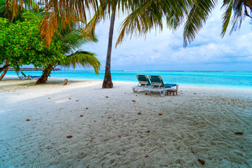 Lounge chairs on a beautiful tropical beach at Maldives