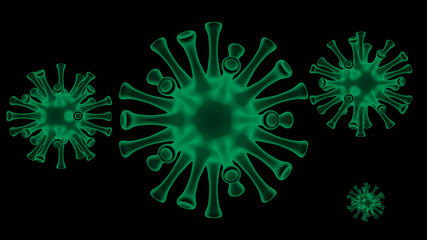 Green 3d render virus on a black background.