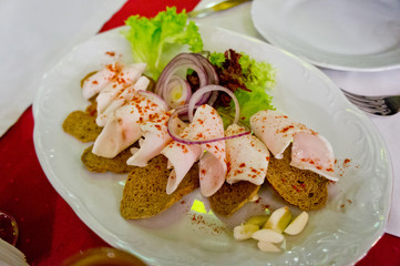 Bread croutons with pork lard, onion rings and garlic cloves. Background for simple rustic cuisine. Snack for alcohol