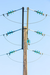 Detail of an electricity power pole with three  electricity distribution cables.