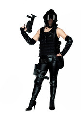 asian lady in black soldier bb gun sport game costume and weapon