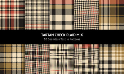 Tartan plaid pattern set. Seamless check plaid graphic in nearly black, gold, and orange red for scarf, blanket, throw, dress, jacket, coat, or other modern autumn winter fabric design. - obrazy, fototapety, plakaty