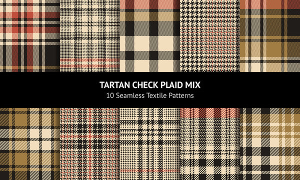 Tartan plaid pattern set. Seamless check plaid graphic in nearly black, gold, and orange red for scarf, blanket, throw, dress, jacket, coat, or other modern autumn winter fabric design.