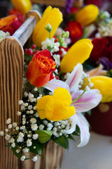 Bouquet with flower blossom. Floral background. Shallow depth photo. Soft toned colors.
