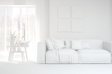 Mock up of stylish room in white color with sofa. Scandinavian interior design. 3D illustration