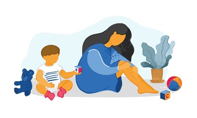 A tired young mother sits with her arms around her knees next to a small child and children's toys. Concept of the banner about stress, sadness and emotional burnout of mothers. Vector illustration.