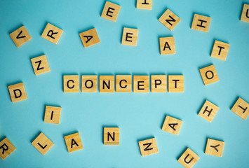 Search Concept metaphor. The word Concept composed of heaps of different letter on a blue background