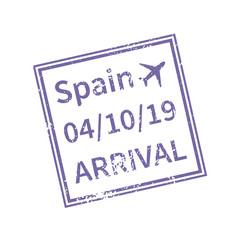 Spain International travel visa stamp isolated on white. Arrival sign purple rubber stamp with texture