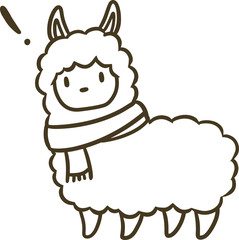 マフラーを巻いたアルパカのイラスト(アウトラインのみ)_！マーク