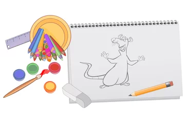 Gardinen Ein Notizbuch mit einer Zeichnung einer Cartoon-Ratte © liusa