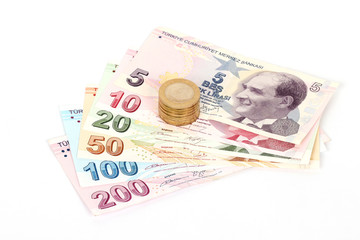 Turkish lira banknotes and coins