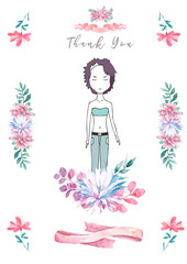 Happy Birthday Card with cute little Princess and pink flowers and flower. Beauty design card for celebration, invite on white background