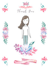 Happy Birthday Card with cute little Princess and pink flowers and flower. Beauty design card for celebration, invite on white background