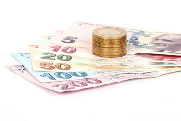 Turkish lira banknotes and coins