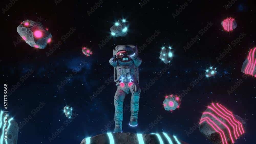Canvas Prints funny dancing astronaut with neon light asteroids in space. space background. retro dance party. sea