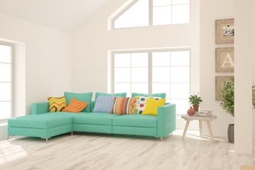 Stylish room in white color with sofa. Scandinavian interior design. 3D illustration