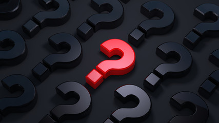 A lot of question mark on a dark background. Red question mark on the center. Question concept. 3D rendering.