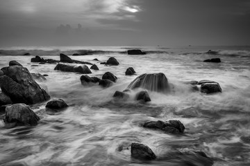 Sounthern coast of Vietnam, Binh Thuan sand, waves and rocks at the beach