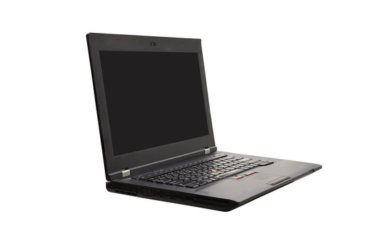 Side View Of The Black Laptop , Isolated On White Background With Clipping Path