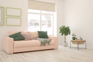Stylish room in white color with sofa and winter landscape in window. Scandinavian interior design. 3D illustration