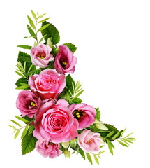 Pink roses and eustoma flowers in a floral corner arrangement